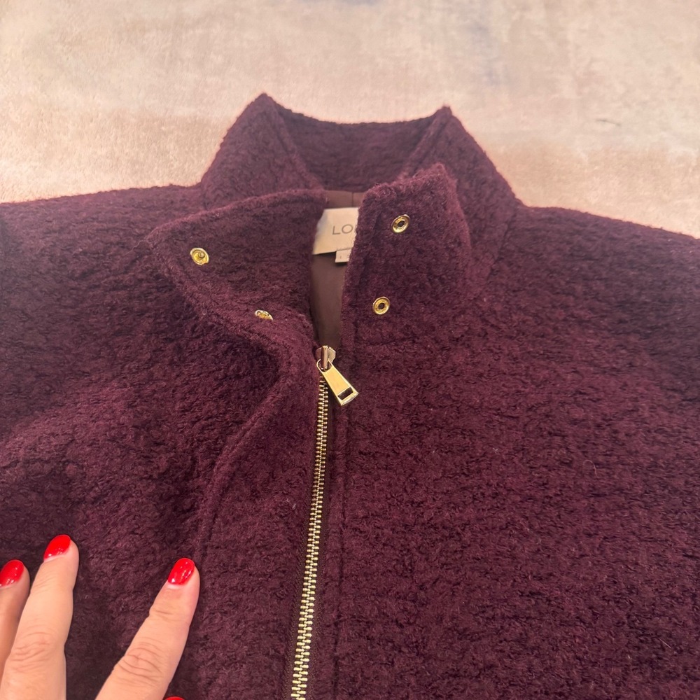 LOFT Burgundy Boucle Long Coat Gold Hardware Funnel Neck Fall Jacket SZ L - Picture 3 of 14